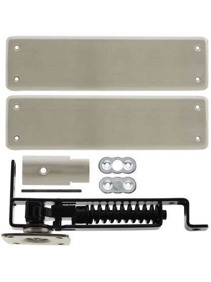 Heavy Duty Swinging Door Floor Hinge With Solid Brass Cover Plates in Satin Nickel.